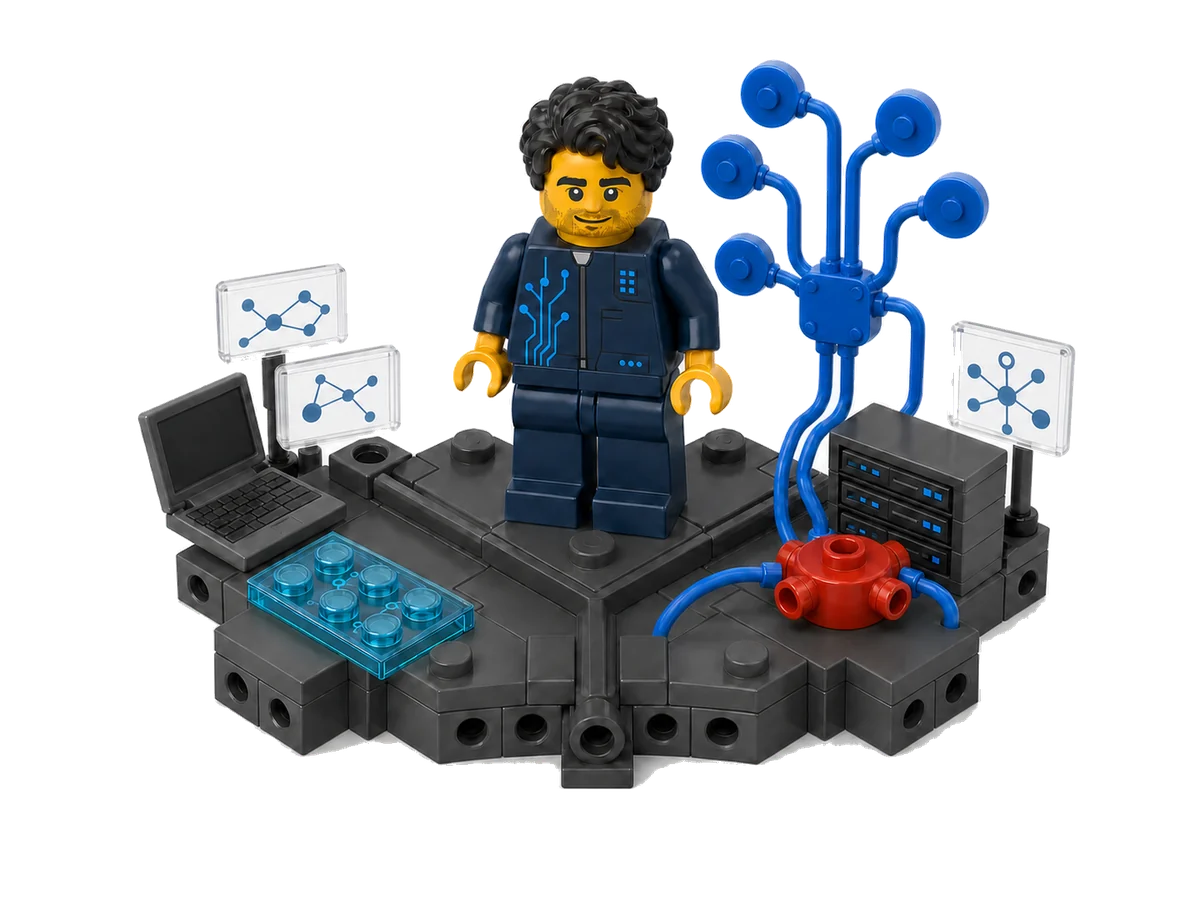 AI engineer build: navy circuit-print outfit, laptop, server stack and a branching blue agent structure.