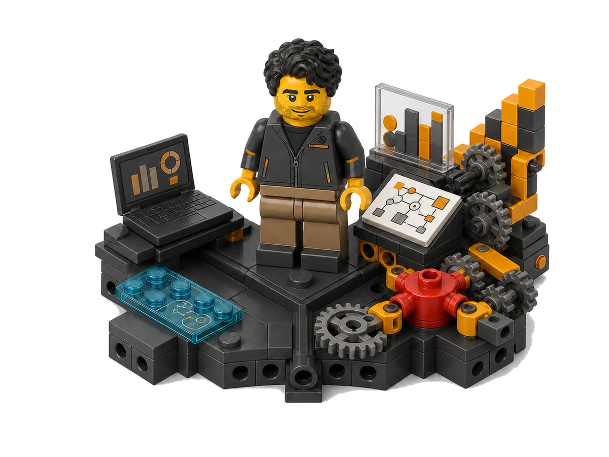 Founder build: amber and graphite engine with gears, prototype desk and a metrics display.