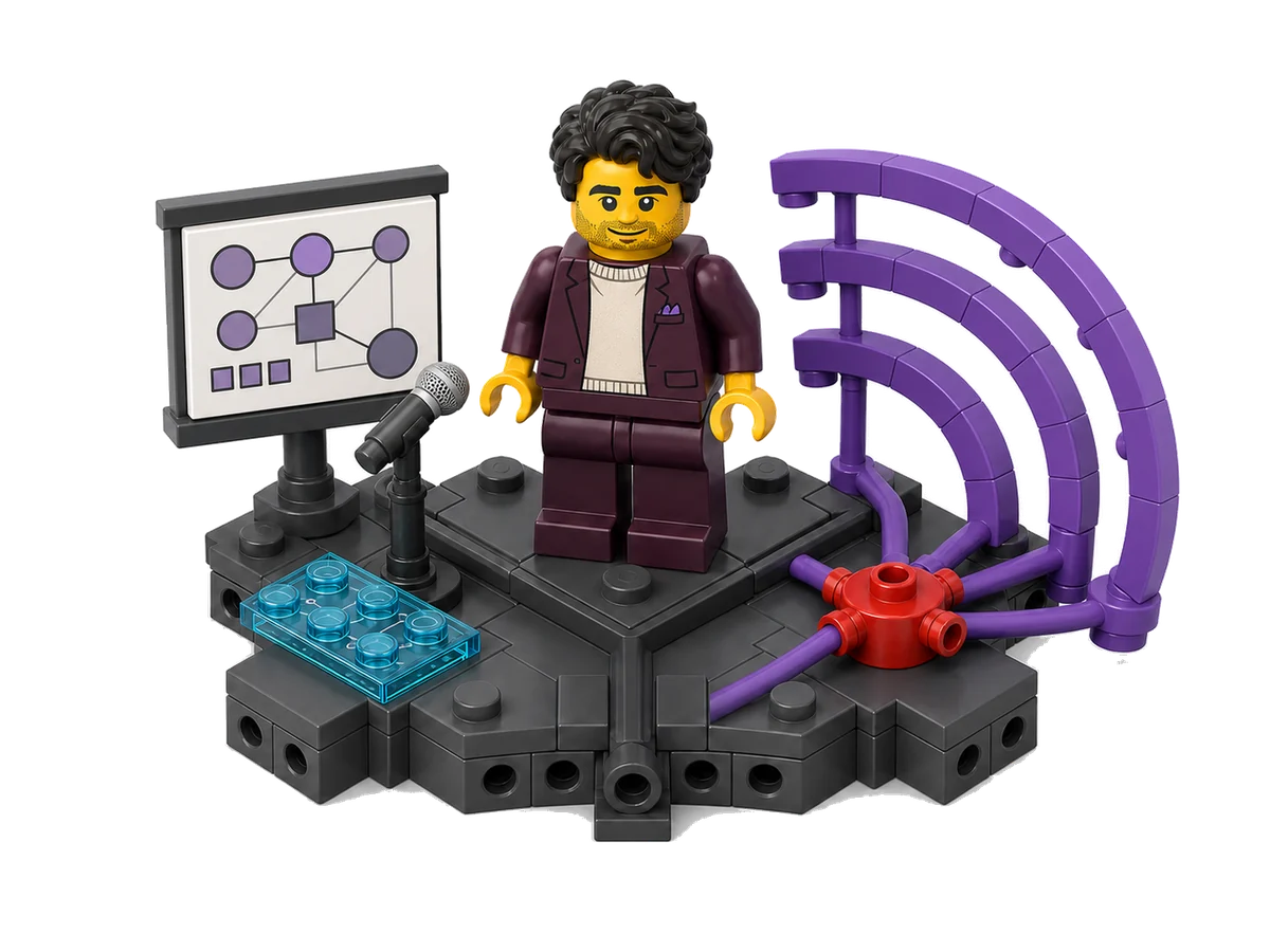 Communicator and mentor build: microphone, teaching screen and violet radiating signal arcs.