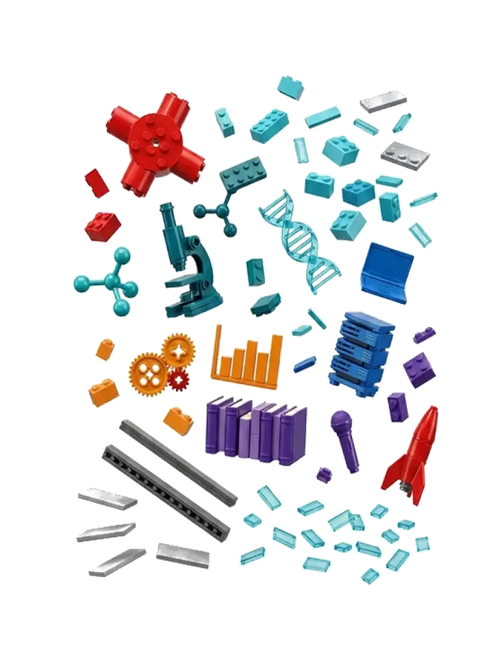 A tall LEGO tower assembling from its parts: a microscope and molecule at the base,
                  a DNA helix and server racks in the middle, gears, books and a microphone above,
                  and a rocket at the summit.